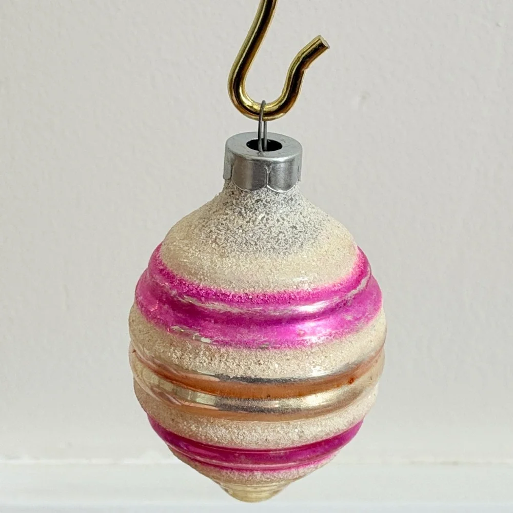 George Franke Pair Christmas Ornaments Beehive Pink Striped Mica USA MCM 1950's